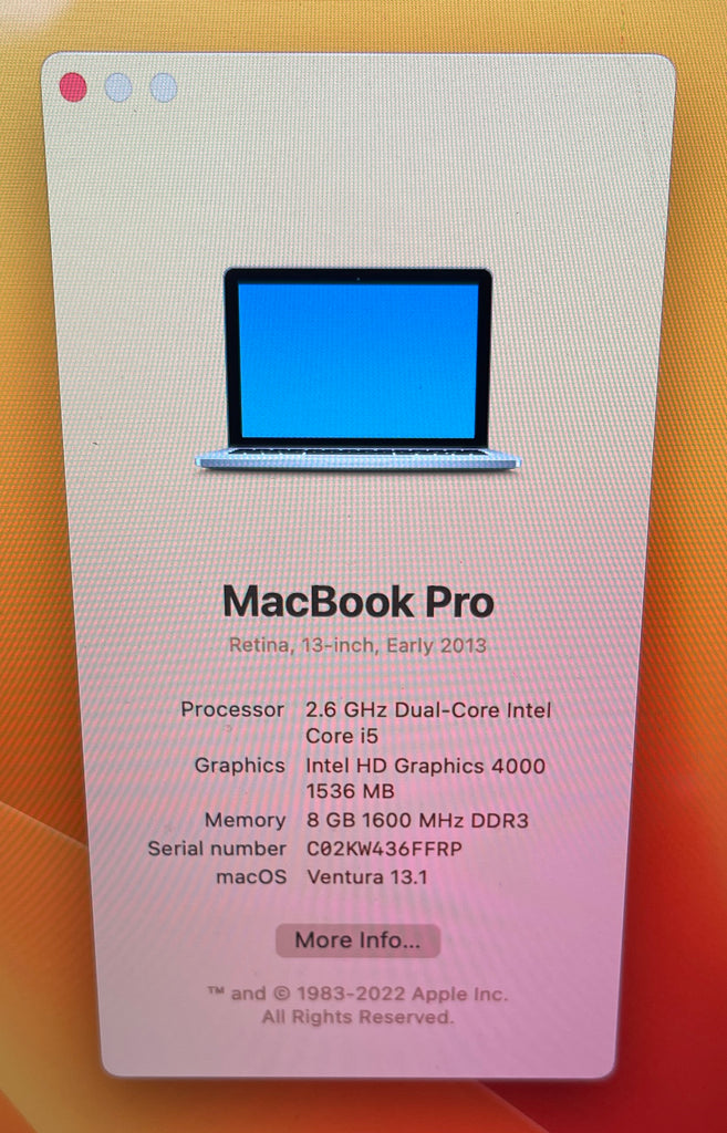 Apple MacBook Pro Retina 13-inch June 2013 2.6GHz Dual-Core ICi5