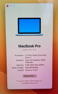 Apple MacBook Pro Retina 15-inch August 2012 2.3GHz Quad-Core ICi7 (MC975LL/A)
